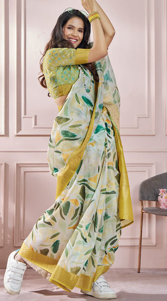 Bewitching Mustard Digital Printed Soft Silk Saree With Cynosure Blouse Piece