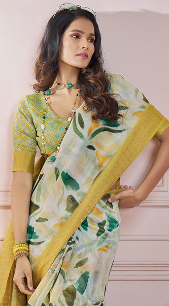 Bewitching Mustard Digital Printed Soft Silk Saree With Cynosure Blouse Piece