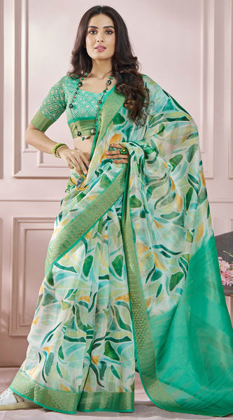 Fugacious Green Digital Printed Soft Silk Saree With Imbrication Blouse Piece