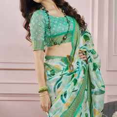 Fugacious Green Digital Printed Soft Silk Saree With Imbrication Blouse Piece