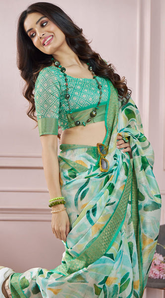 Fugacious Green Digital Printed Soft Silk Saree With Imbrication Blouse Piece