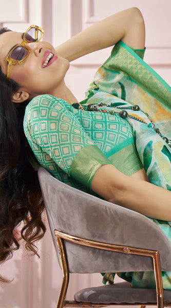 Fugacious Green Digital Printed Soft Silk Saree With Imbrication Blouse Piece