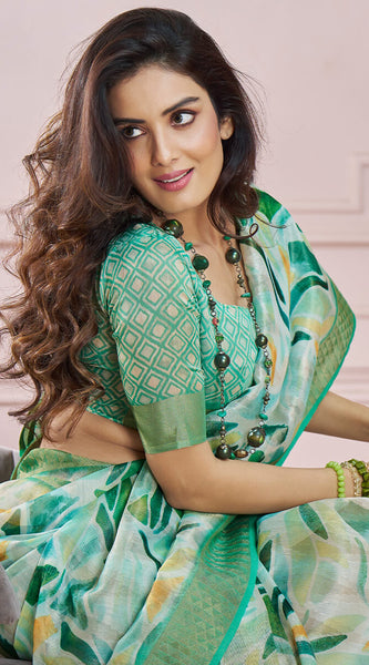 Fugacious Green Digital Printed Soft Silk Saree With Imbrication Blouse Piece