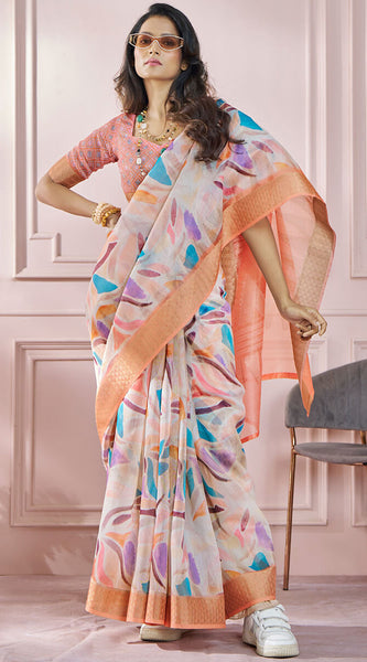 Seraglio Peach Digital Printed Soft Silk Saree With Scrumptious Blouse Piece