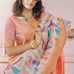 Seraglio Peach Digital Printed Soft Silk Saree With Scrumptious Blouse Piece