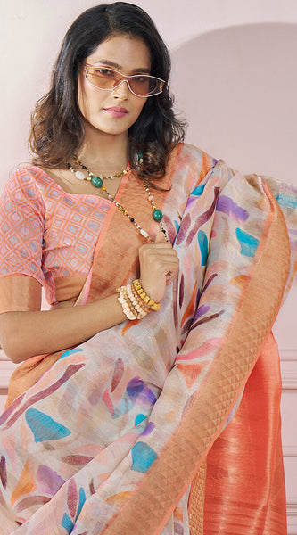 Seraglio Peach Digital Printed Soft Silk Saree With Scrumptious Blouse Piece