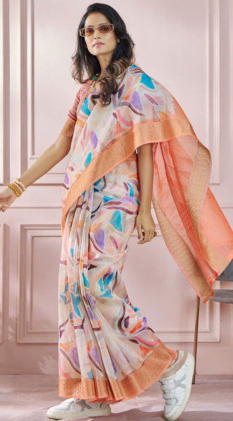 Seraglio Peach Digital Printed Soft Silk Saree With Scrumptious Blouse Piece