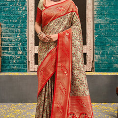 Inimitable Beige and Red Kanjivaram Silk Saree With Luminous Blouse Piece