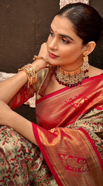 Inimitable Beige and Red Kanjivaram Silk Saree With Luminous Blouse Piece