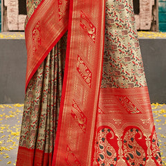 Inimitable Beige and Red Kanjivaram Silk Saree With Luminous Blouse Piece