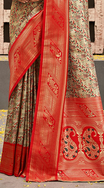 Inimitable Beige and Red Kanjivaram Silk Saree With Luminous Blouse Piece