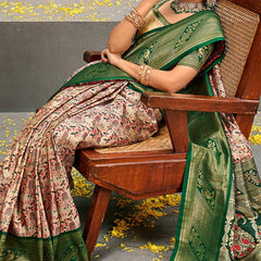 Eclat Beige and Green Kanjivaram Silk Saree With Jubilant Blouse Piece