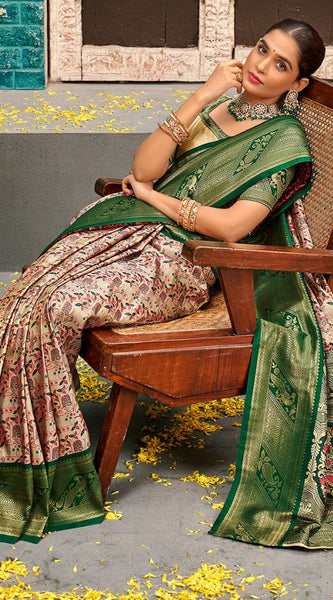 Eclat Beige and Green Kanjivaram Silk Saree With Jubilant Blouse Piece