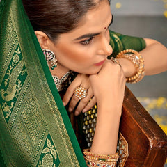 Eclat Beige and Green Kanjivaram Silk Saree With Jubilant Blouse Piece