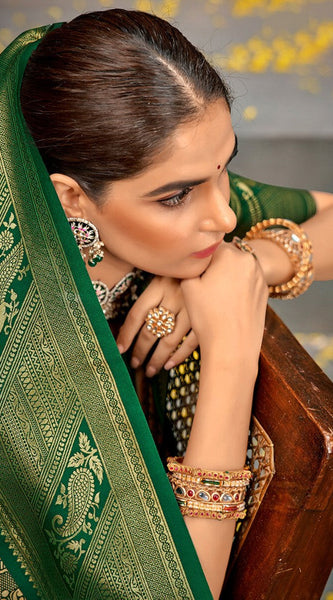 Eclat Beige and Green Kanjivaram Silk Saree With Jubilant Blouse Piece
