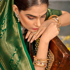Eclat Beige and Green Kanjivaram Silk Saree With Jubilant Blouse Piece