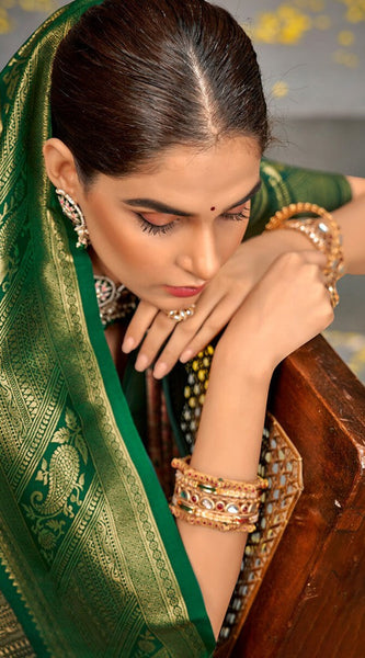 Eclat Beige and Green Kanjivaram Silk Saree With Jubilant Blouse Piece
