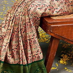 Eclat Beige and Green Kanjivaram Silk Saree With Jubilant Blouse Piece