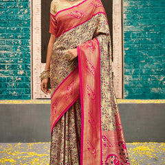 Whimsical Beige and Dark Pink Kanjivaram Silk Saree With Vibrant Blouse Piece