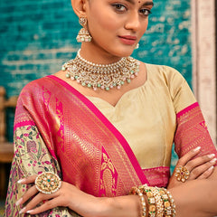 Whimsical Beige and Dark Pink Kanjivaram Silk Saree With Vibrant Blouse Piece