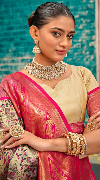 Whimsical Beige and Dark Pink Kanjivaram Silk Saree With Vibrant Blouse Piece