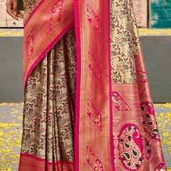 Whimsical Beige and Dark Pink Kanjivaram Silk Saree With Vibrant Blouse Piece