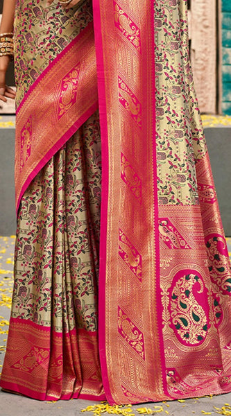 Whimsical Beige and Dark Pink Kanjivaram Silk Saree With Vibrant Blouse Piece
