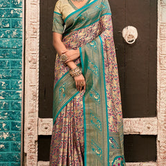 Jubilant Beige and Rama Kanjivaram Silk Saree With Resplendent Blouse Piece