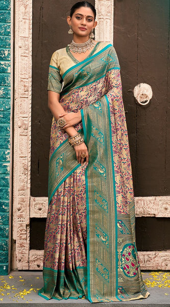 Jubilant Beige and Rama Kanjivaram Silk Saree With Resplendent Blouse Piece