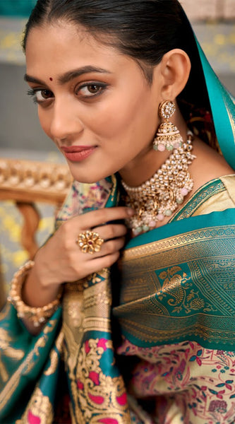 Jubilant Beige and Rama Kanjivaram Silk Saree With Resplendent Blouse Piece