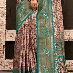Jubilant Beige and Rama Kanjivaram Silk Saree With Resplendent Blouse Piece