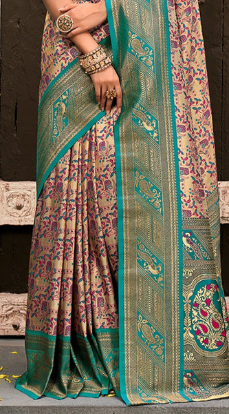Jubilant Beige and Rama Kanjivaram Silk Saree With Resplendent Blouse Piece