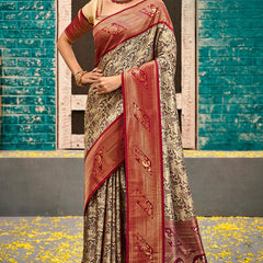 Imaginative Beige and Wine Kanjivaram Silk Saree With Unequalled Blouse Piece