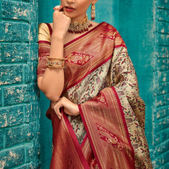 Imaginative Beige and Wine Kanjivaram Silk Saree With Unequalled Blouse Piece