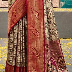 Imaginative Beige and Wine Kanjivaram Silk Saree With Unequalled Blouse Piece