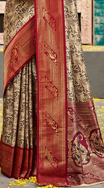 Imaginative Beige and Wine Kanjivaram Silk Saree With Unequalled Blouse Piece