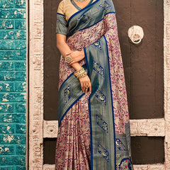 Enchanting Beige And Navy Blue Kanjivaram Silk Saree With Improbable Blouse Piece