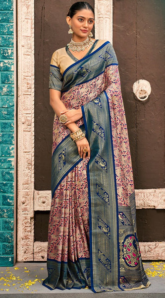 Enchanting Beige And Navy Blue Kanjivaram Silk Saree With Improbable Blouse Piece