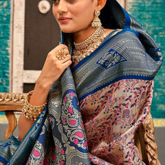 Enchanting Beige And Navy Blue Kanjivaram Silk Saree With Improbable Blouse Piece