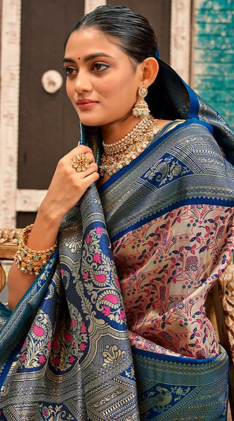 Enchanting Beige And Navy Blue Kanjivaram Silk Saree With Improbable Blouse Piece