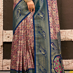 Enchanting Beige And Navy Blue Kanjivaram Silk Saree With Improbable Blouse Piece