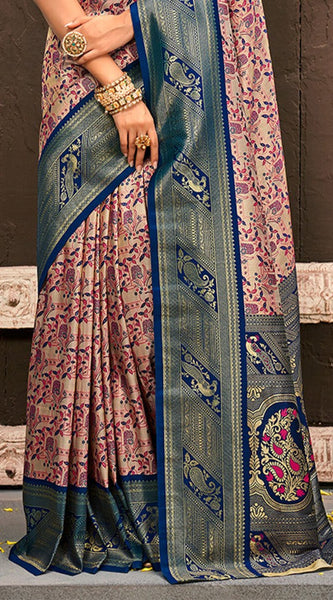 Enchanting Beige And Navy Blue Kanjivaram Silk Saree With Improbable Blouse Piece