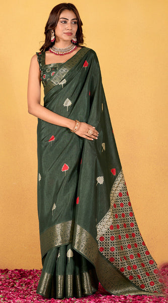 Imbrication Dark Green Foil Printed Dola Silk Saree With Susurrous Blouse Piece