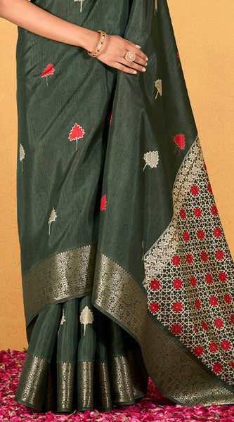 Imbrication Dark Green Foil Printed Dola Silk Saree With Susurrous Blouse Piece