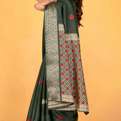 Imbrication Dark Green Foil Printed Dola Silk Saree With Susurrous Blouse Piece