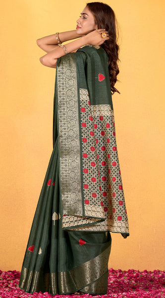 Imbrication Dark Green Foil Printed Dola Silk Saree With Susurrous Blouse Piece