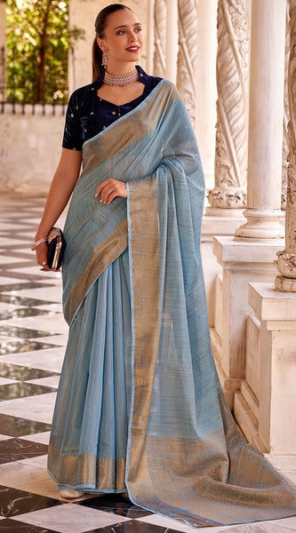 Alluring Sky Cotton Silk Saree With Phenomenal Blouse Piece
