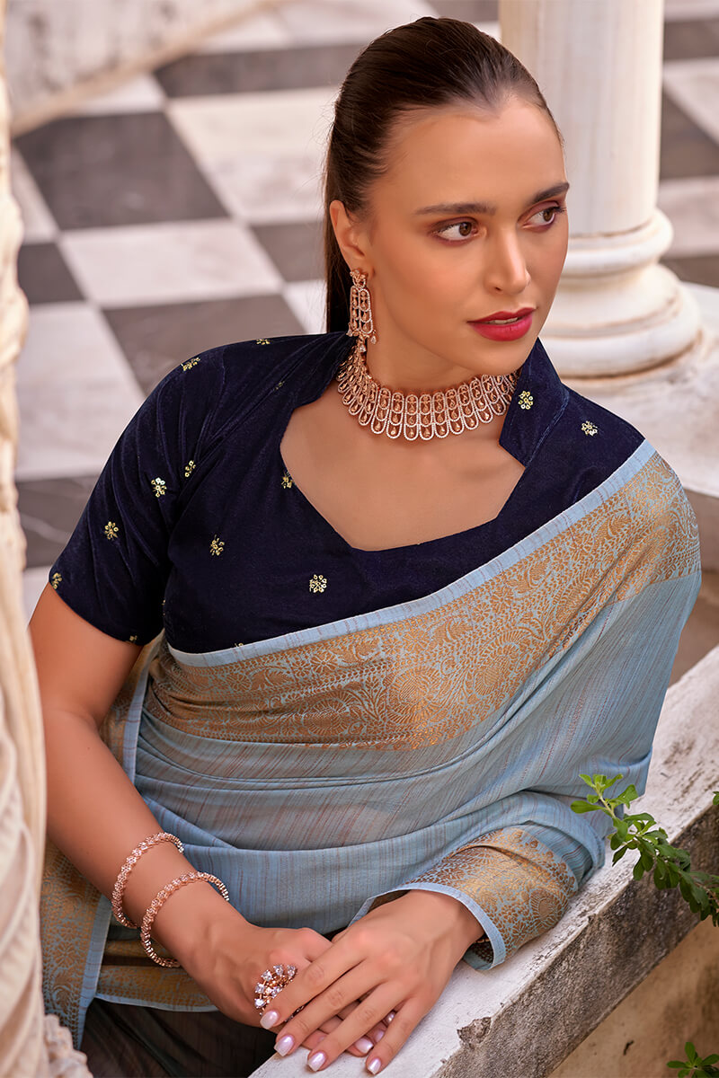 Alluring Sky Cotton Silk Saree With Phenomenal Blouse Piece