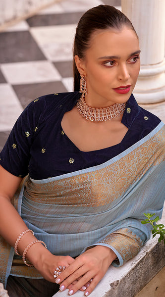 Alluring Sky Cotton Silk Saree With Phenomenal Blouse Piece