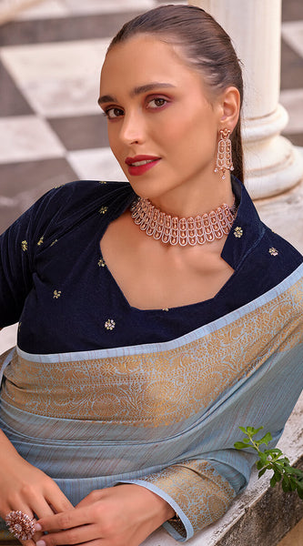 Alluring Sky Cotton Silk Saree With Phenomenal Blouse Piece